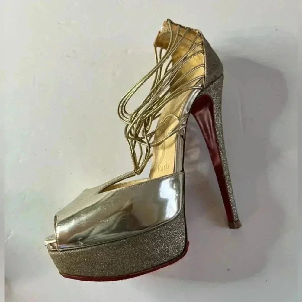 Christian Louboutin Lady Peep Gold Glitter Platform Heels Women’s EU 36 - Picture 7 of 15
